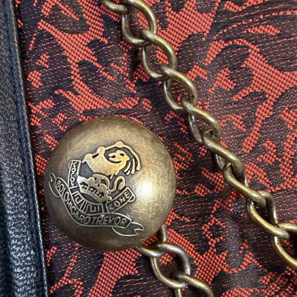 Red Black Jacquard Brocade Steampunk Over Bust Boned Corset Brass Chains Buttons - Picture 5 of 6